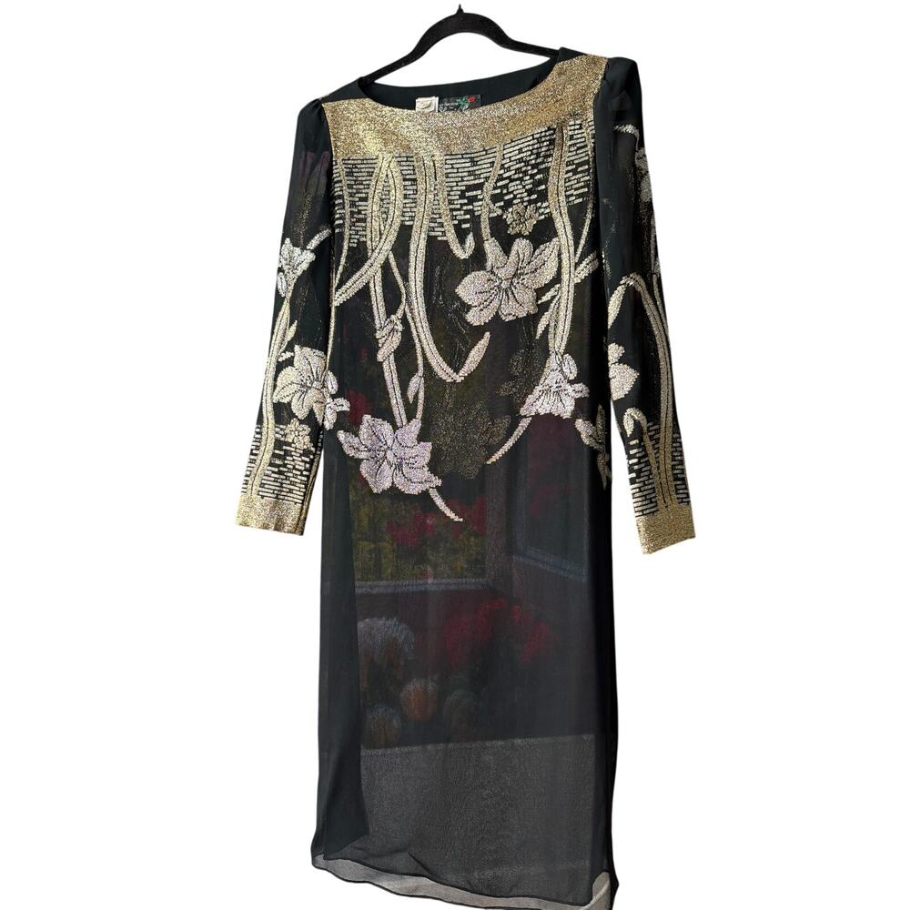 0119‎ Vintage Shangri-La Sequin Cocktail Dress Black Gold 7/8